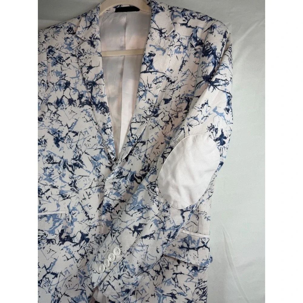 Cielo Mens 36R Blue White Abstract Marble Print Linen Blend Blazer Jacket modern